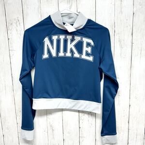 Nike Sweater Women Sz M Long Sleeve Cropped Graphic T Shirt Logo Blue Mock Neck